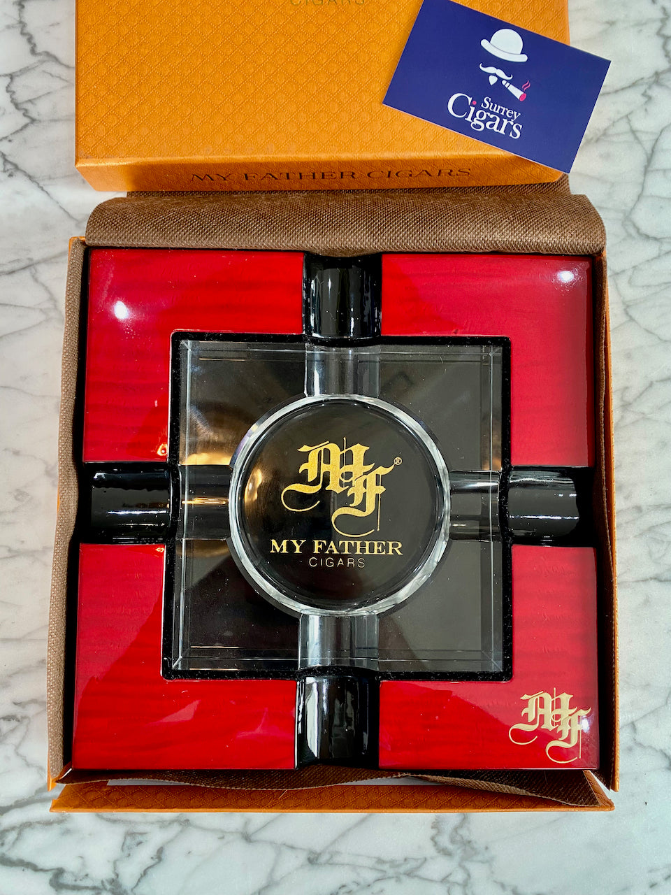 My Father Red Wood lacquer and Glass 4-Cigar Ashtray