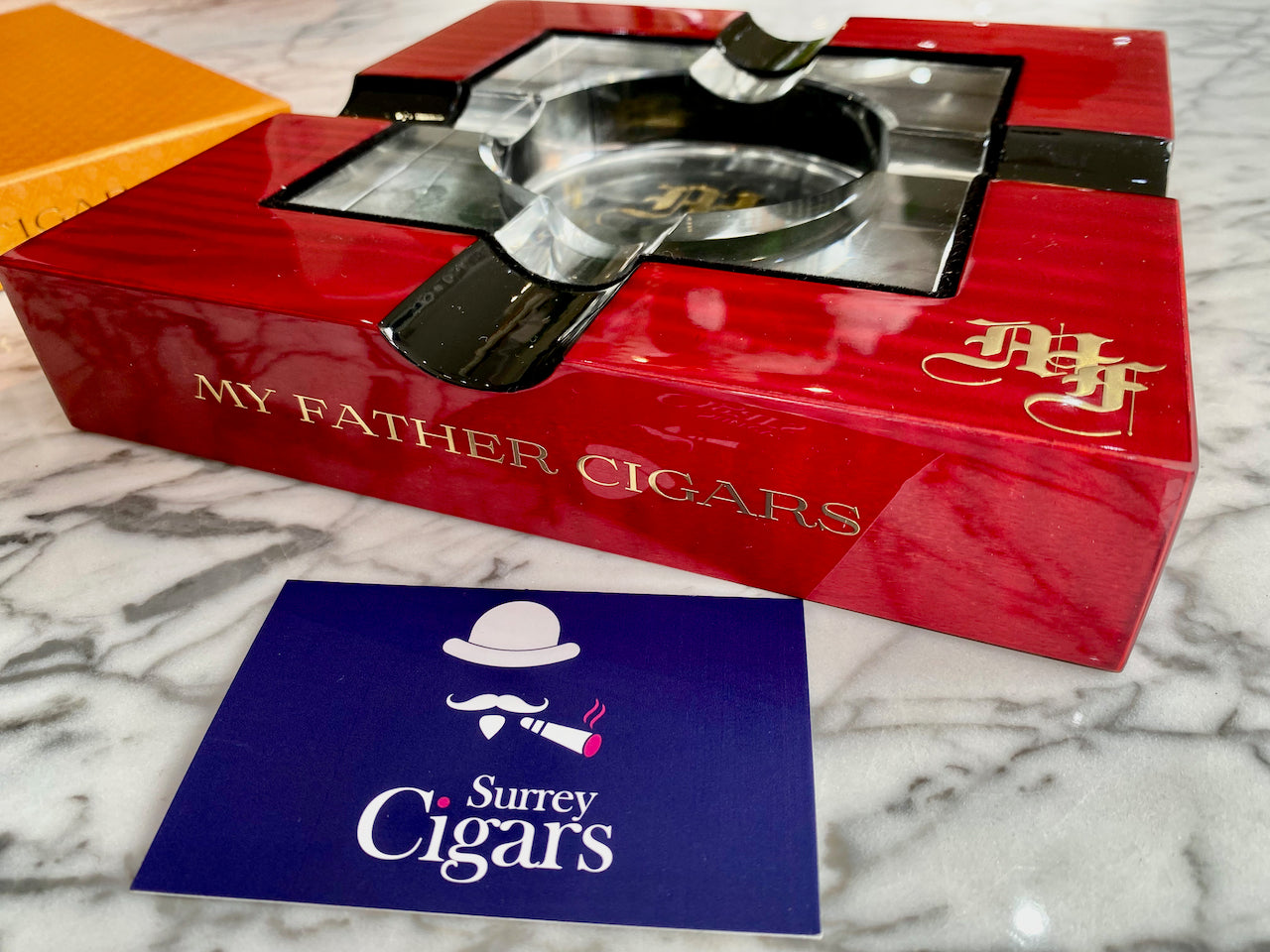 My Father Red Wood lacquer and Glass 4-Cigar Ashtray
