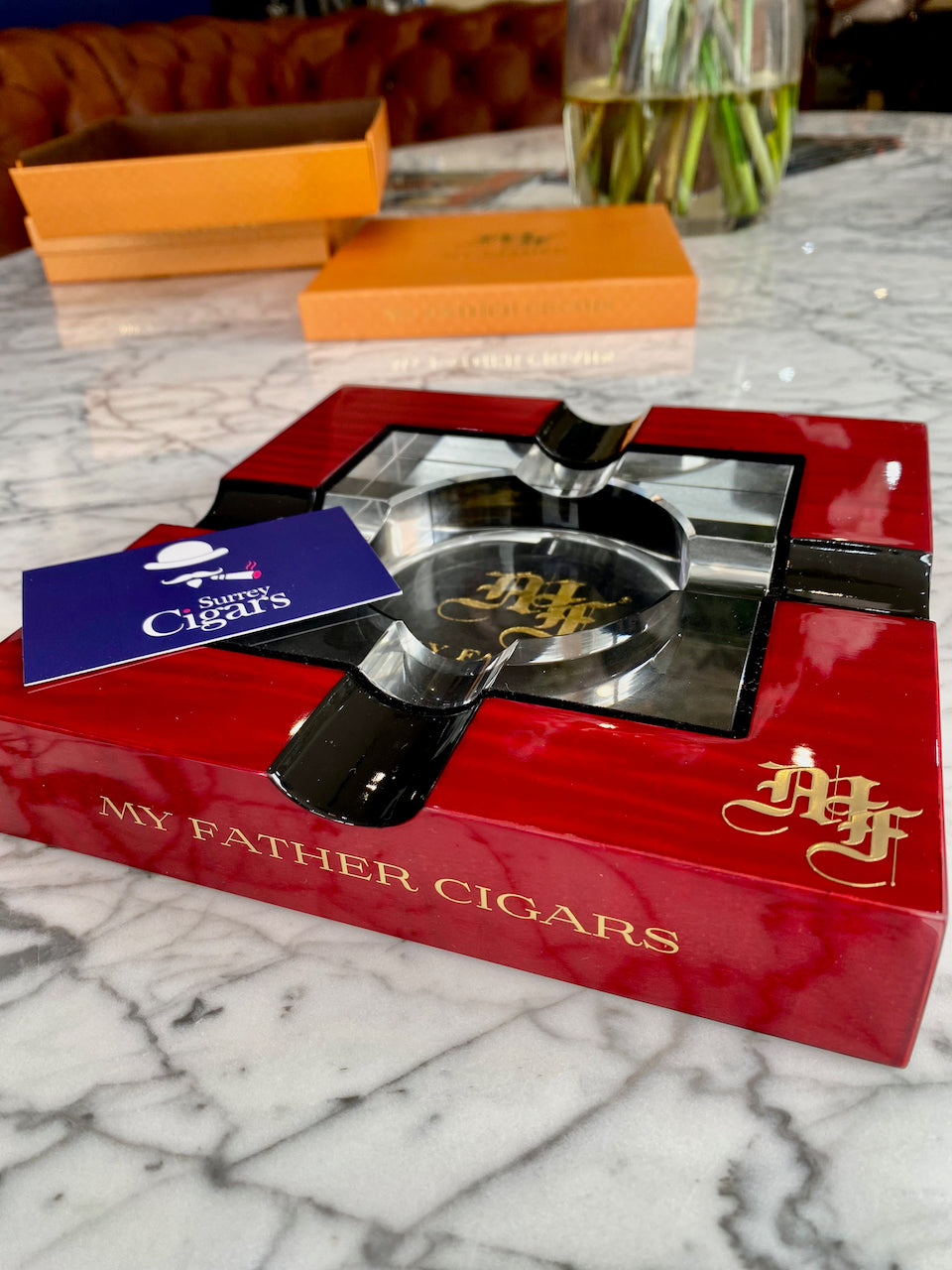 My Father Red Wood lacquer and Glass 4-Cigar Ashtray