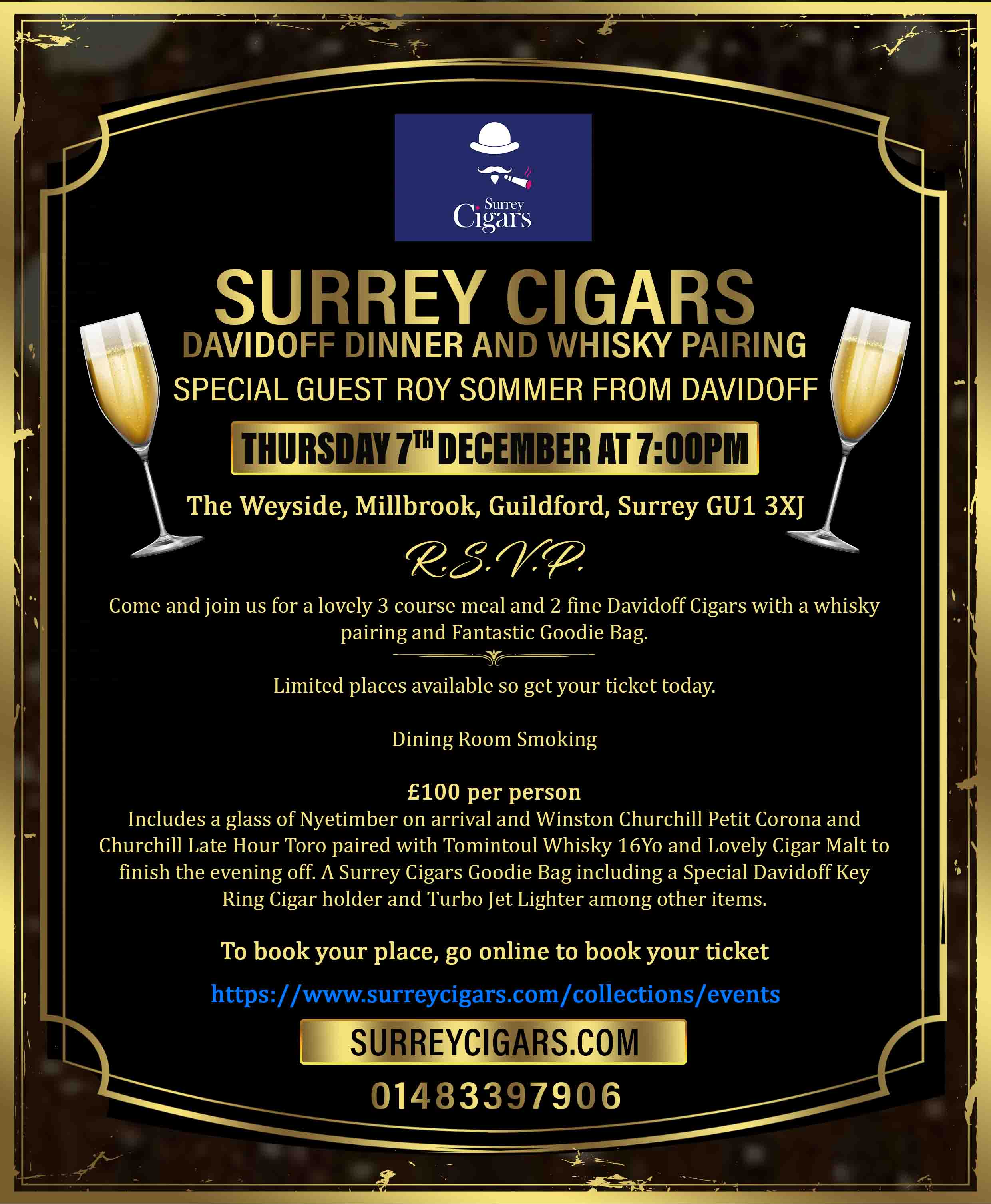 NOW SOLD OUT Surrey Cigars Davidoff Dinner and Whisky Pairing, Thursday 7th December at 7:00pm. Special Guest Roy Sommer From Davidoff