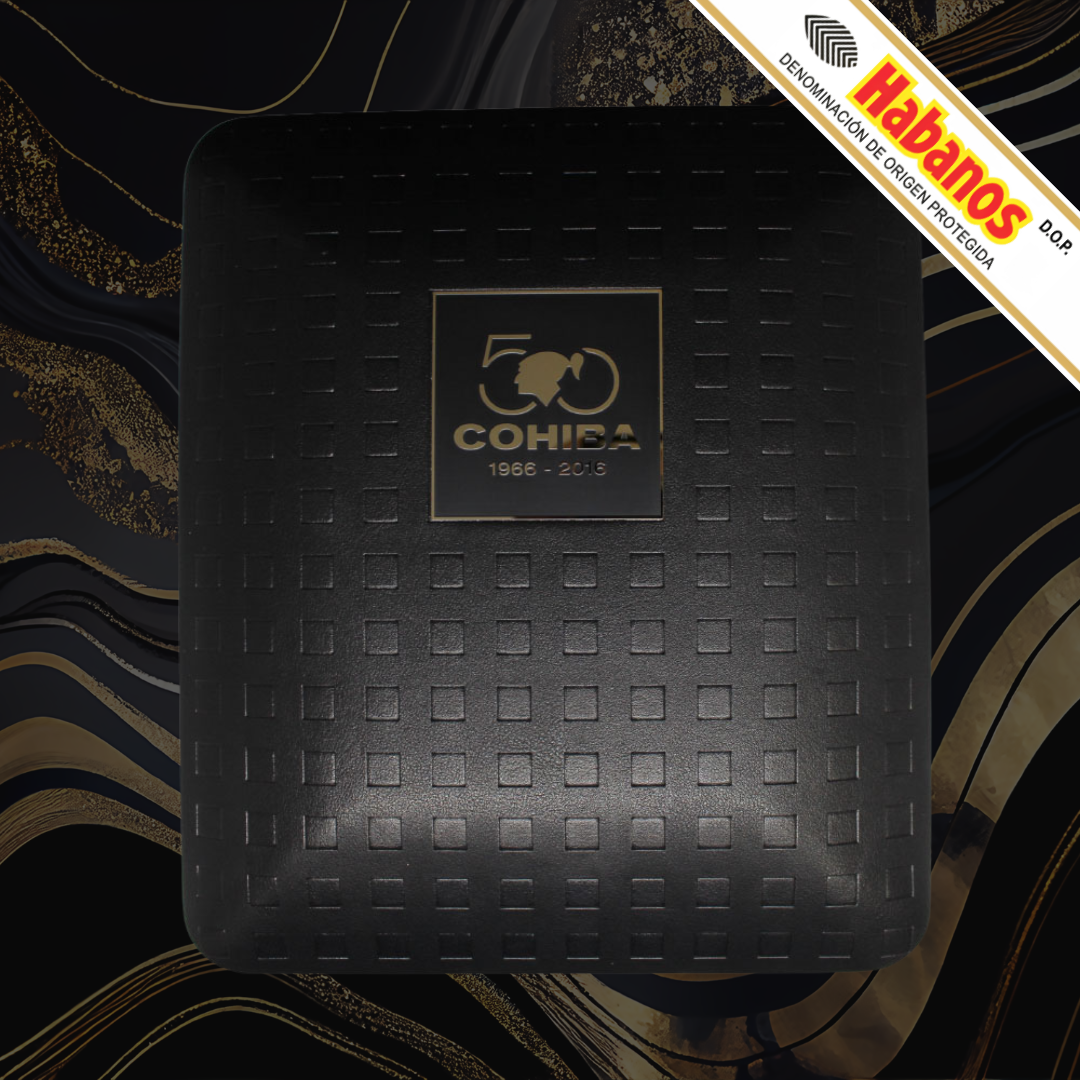 A Cohiba Selección 50th Anniversary Travel Humidor with a gold-embossed COHIBA 50th Anniversary logo, set against a dark background with gold marbled patterns and a diagonal Habanos banner.