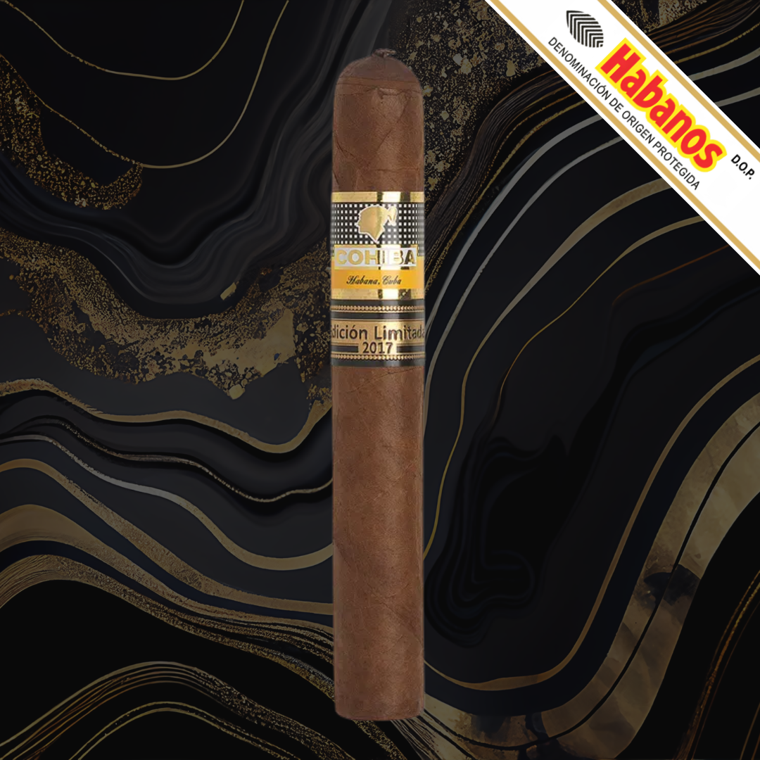 A single Cohiba Talisman Limited Edition 2017 cigar with a gold-and-black label, centred on a dark, abstract marbled background with gold veining. A diagonal Habanos banner appears in the top right corner.