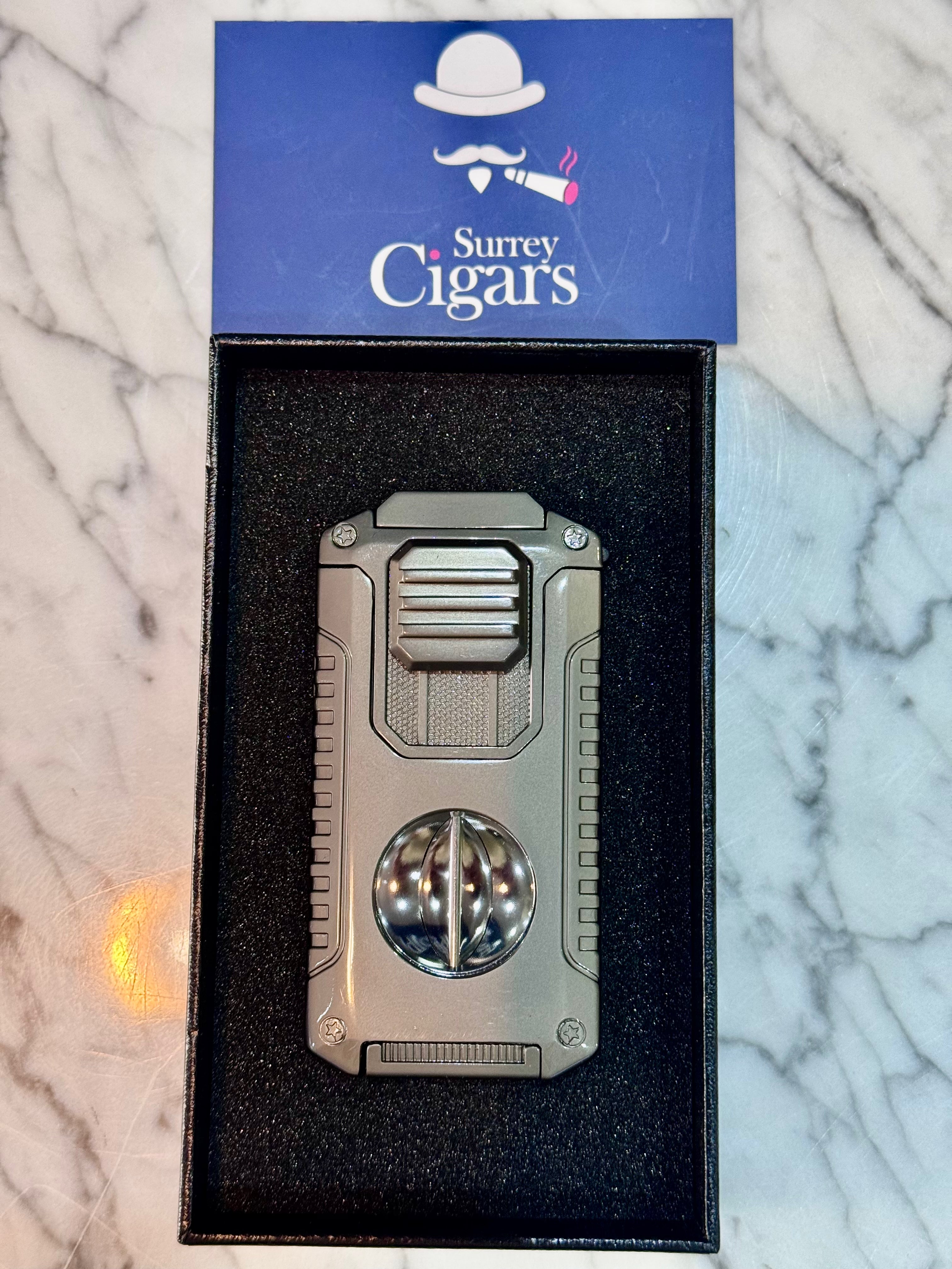 Mantis - Omni - Multifunction Triple Jet Flame Lighter with V cutter, Punch Cutter, Draw enhancer and Cigar stand. - Grey