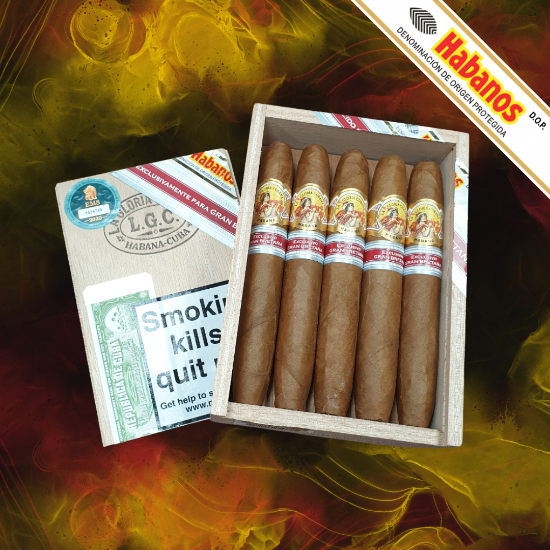 A wooden La Gloria Cubana Britanicas Extra UK Regional Edition 2017 box of cigars shown open, with several brown cigars inside and the branded outer box beside it. The background is a dramatic yellow, orange, and red smoky graphic.