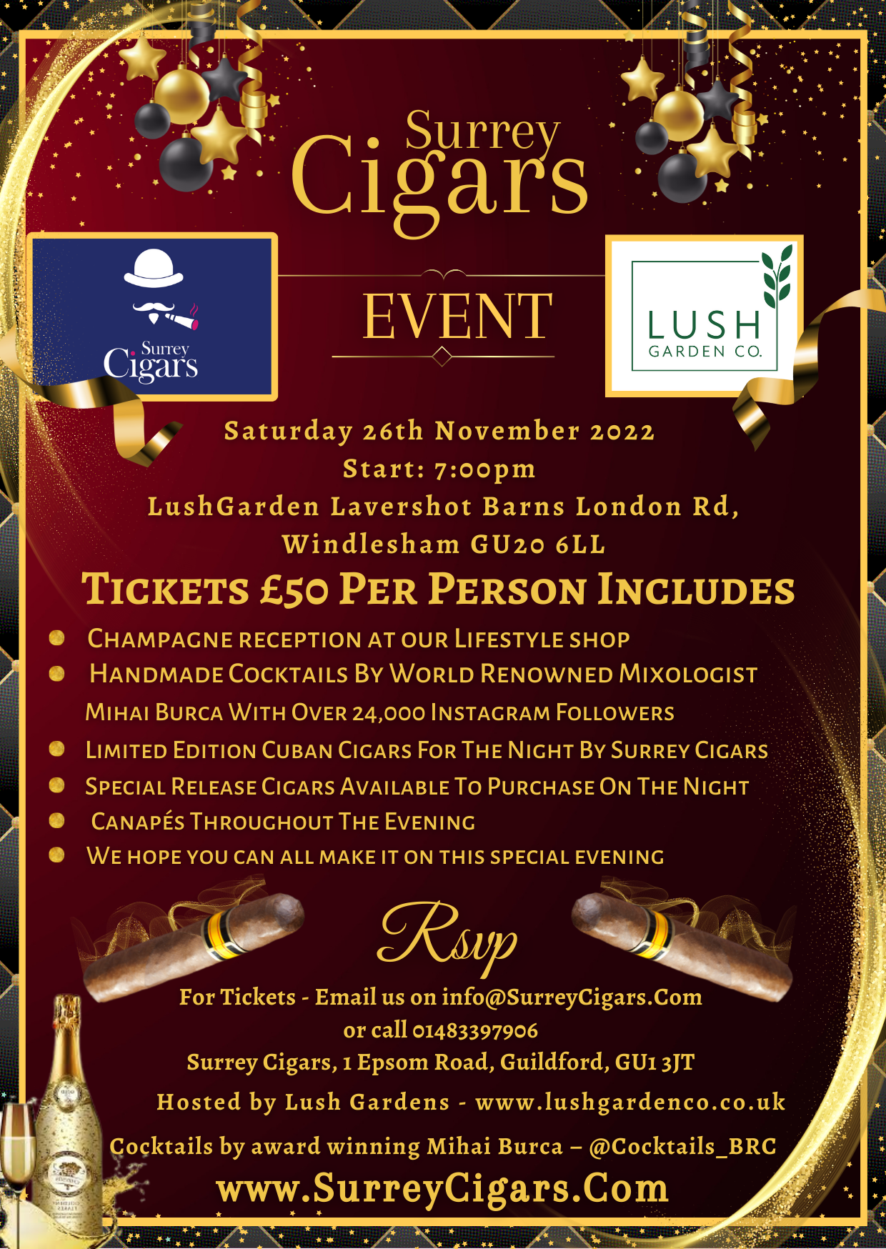 NOW SOLD OUT - Surrey Cigars Event. Saturday 26th November 2022 Start: 7:00pm. Tickets £50 per person