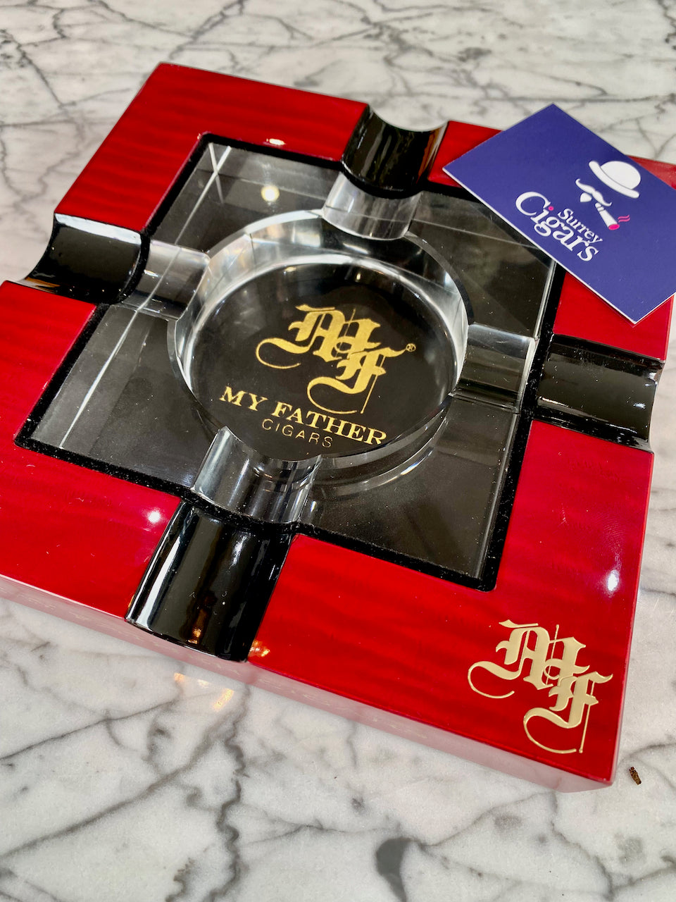 My Father Red Wood lacquer and Glass 4-Cigar Ashtray