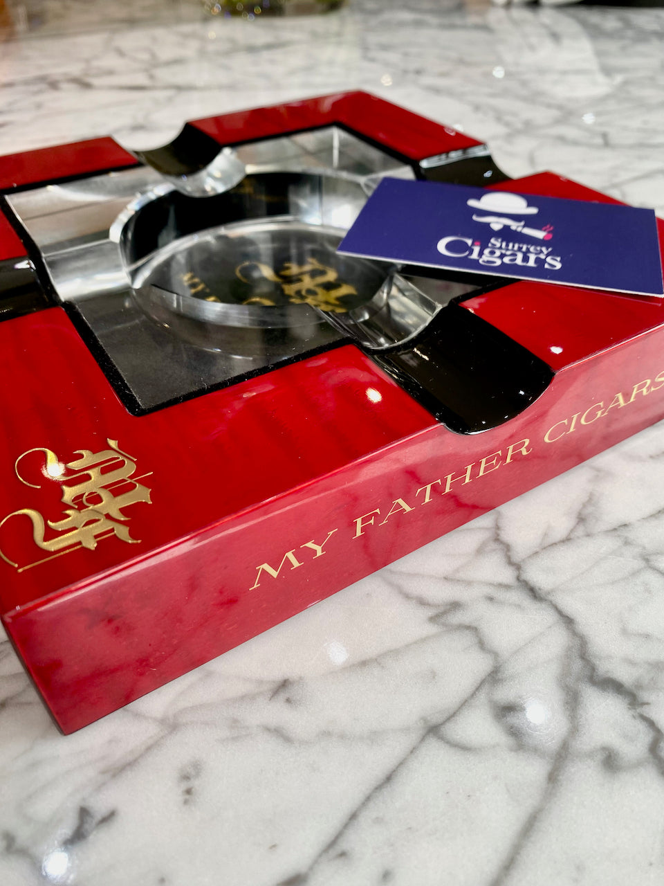 My Father Red Wood lacquer and Glass 4-Cigar Ashtray