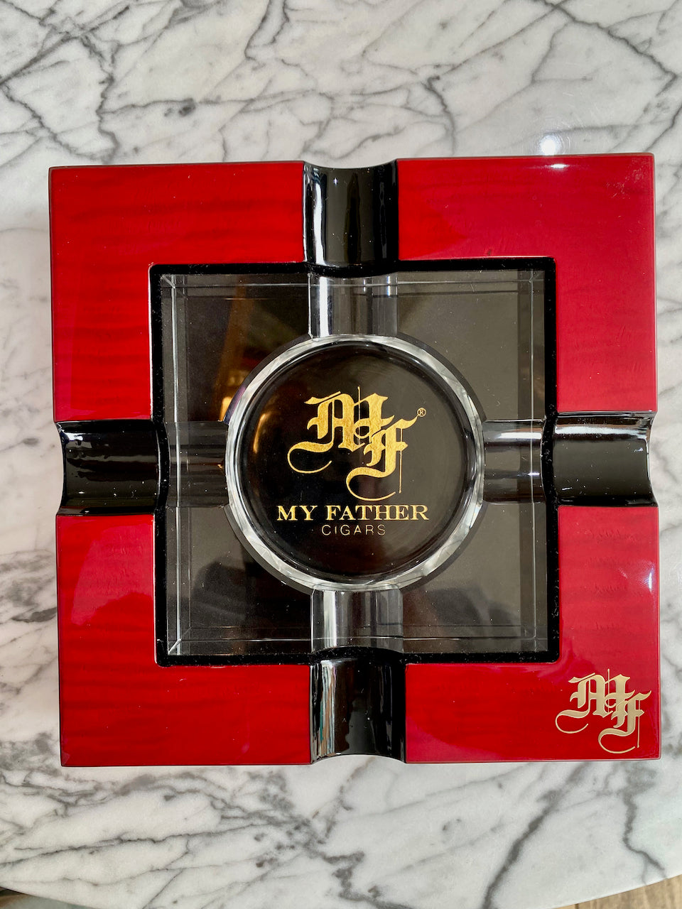 My Father Red Wood lacquer and Glass 4-Cigar Ashtray