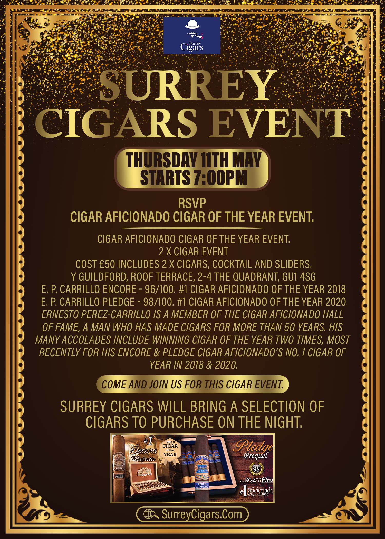 NOW SOLD OUT - Surrey Cigar Event - Thursday 11th May 2023 - Cost £50 includes 2 x Cigars, Cocktail and sliders.