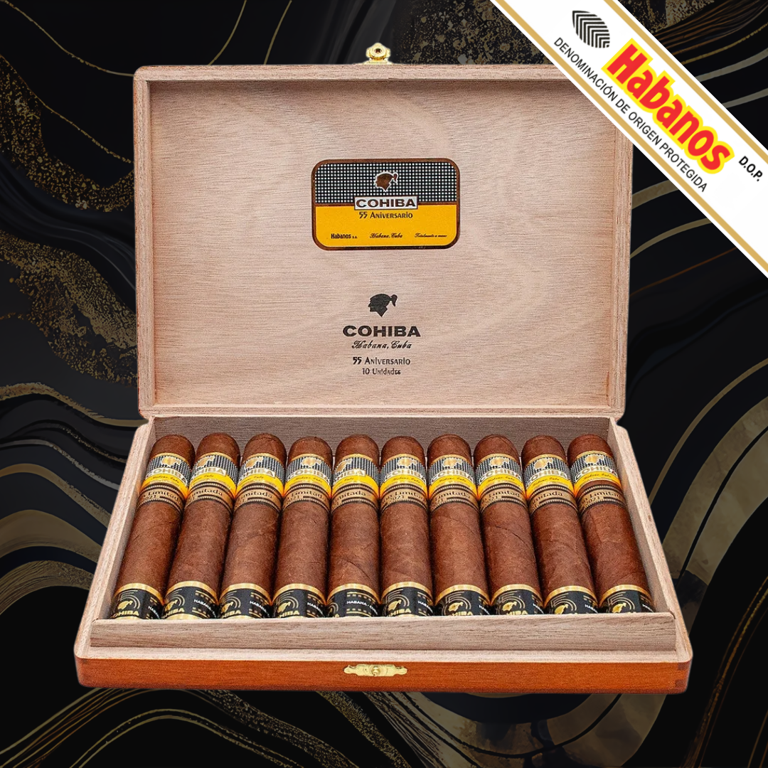An open wooden Cohiba 55 Aniversario Limited Edition 2021 cigar box displaying ten brown cigars with gold and black bands, set against a dark patterned background with a 'Habanos' promotional banner in the top right corner.