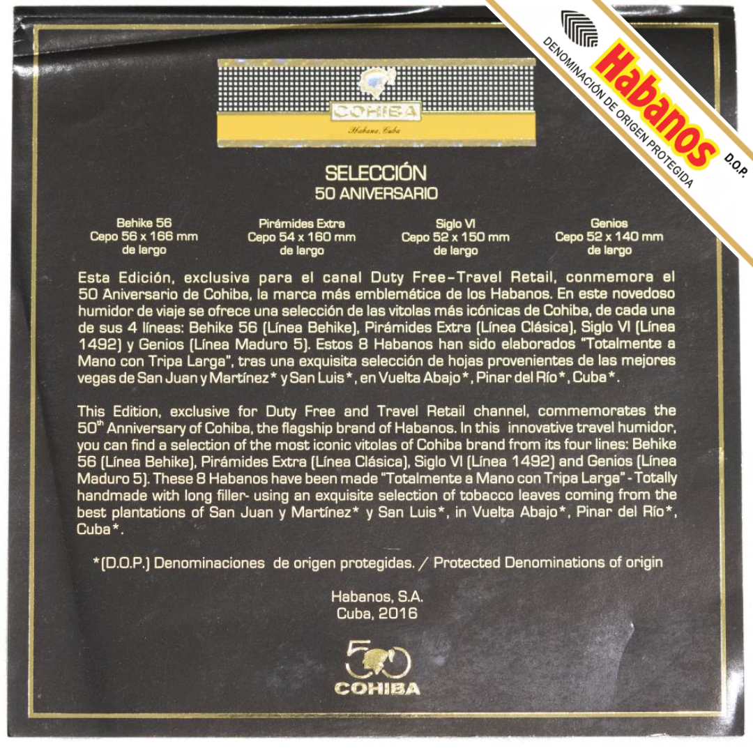 The information sheet in the Cohiba Selección 50th Anniversary Travel Humidor, commemorating the brand's 50th anniversary. The packaging features a black background with gold and white text, showcasing various Cohiba blends like Behike 56, Prémieres Extra, Siglo VI, and Genios.