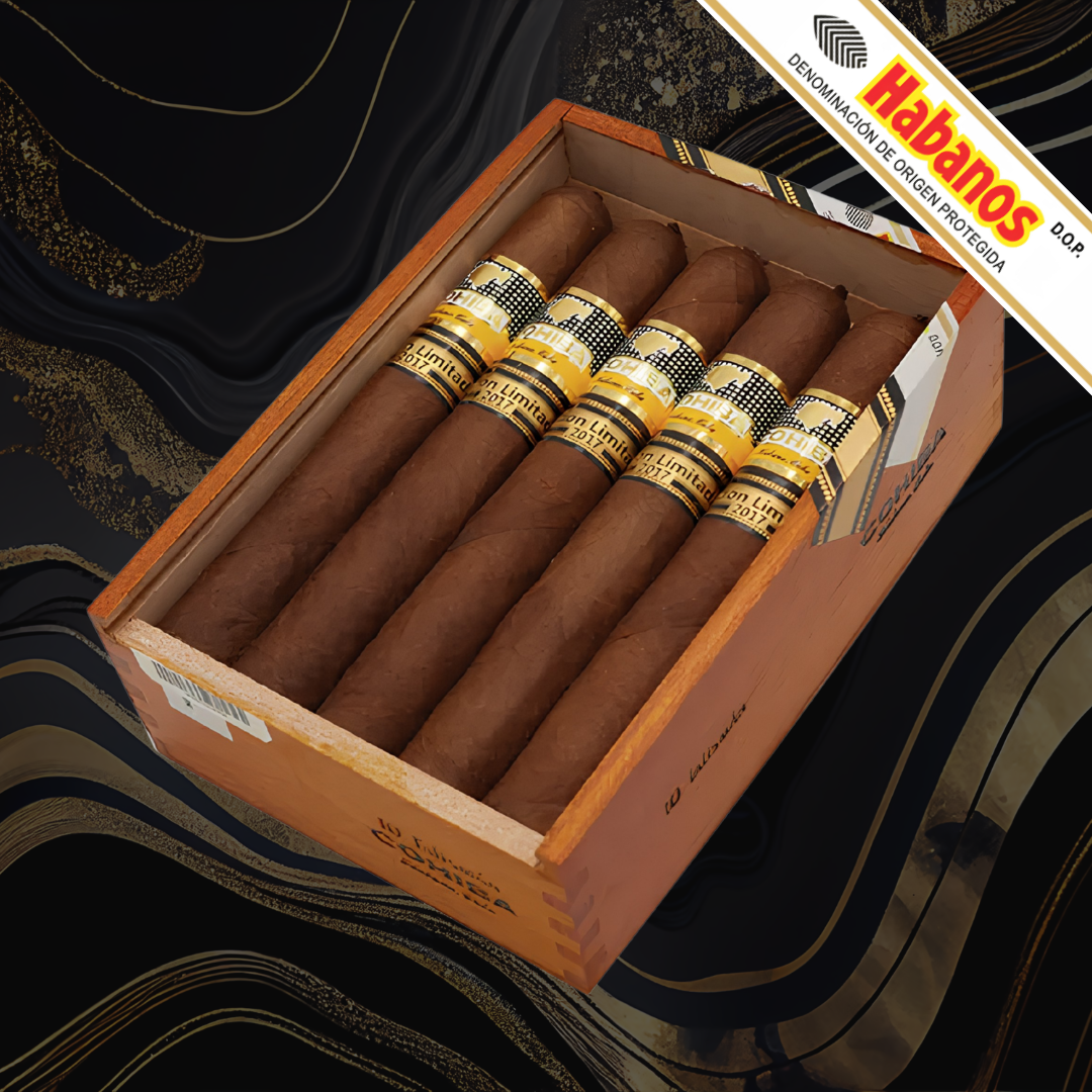 An open wooden Cohiba Talisman Limited Edition 2017 cigar box containing 5 cigars with gold and black bands, set against a dark marbled background with a Habanos diagonal logo banner in the top right.
