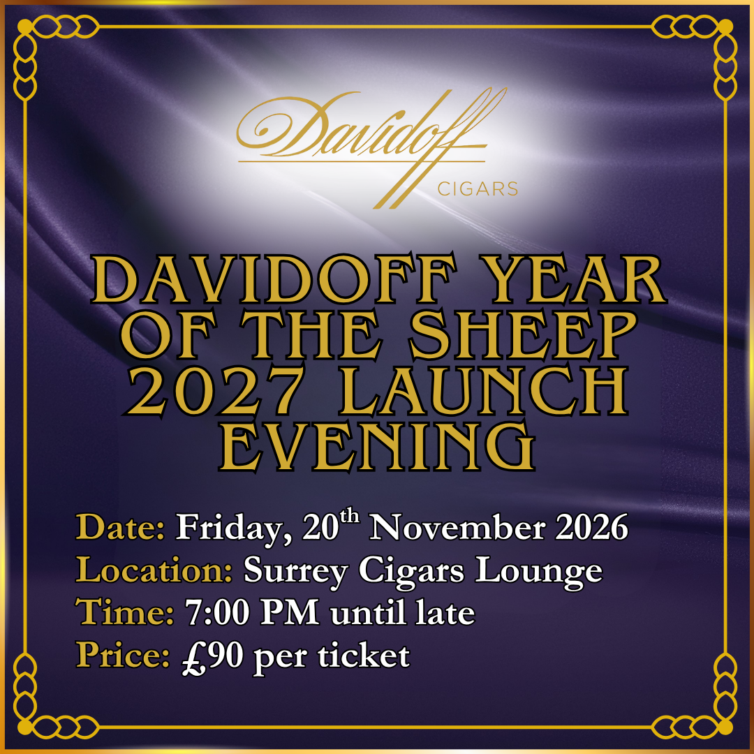 Promotional graphic for the Davidoff Year of the Sheep 2027 Launch Evening, featuring gold text on a dark purple satin background with a gold decorative border and the Davidoff Cigars logo at the top.