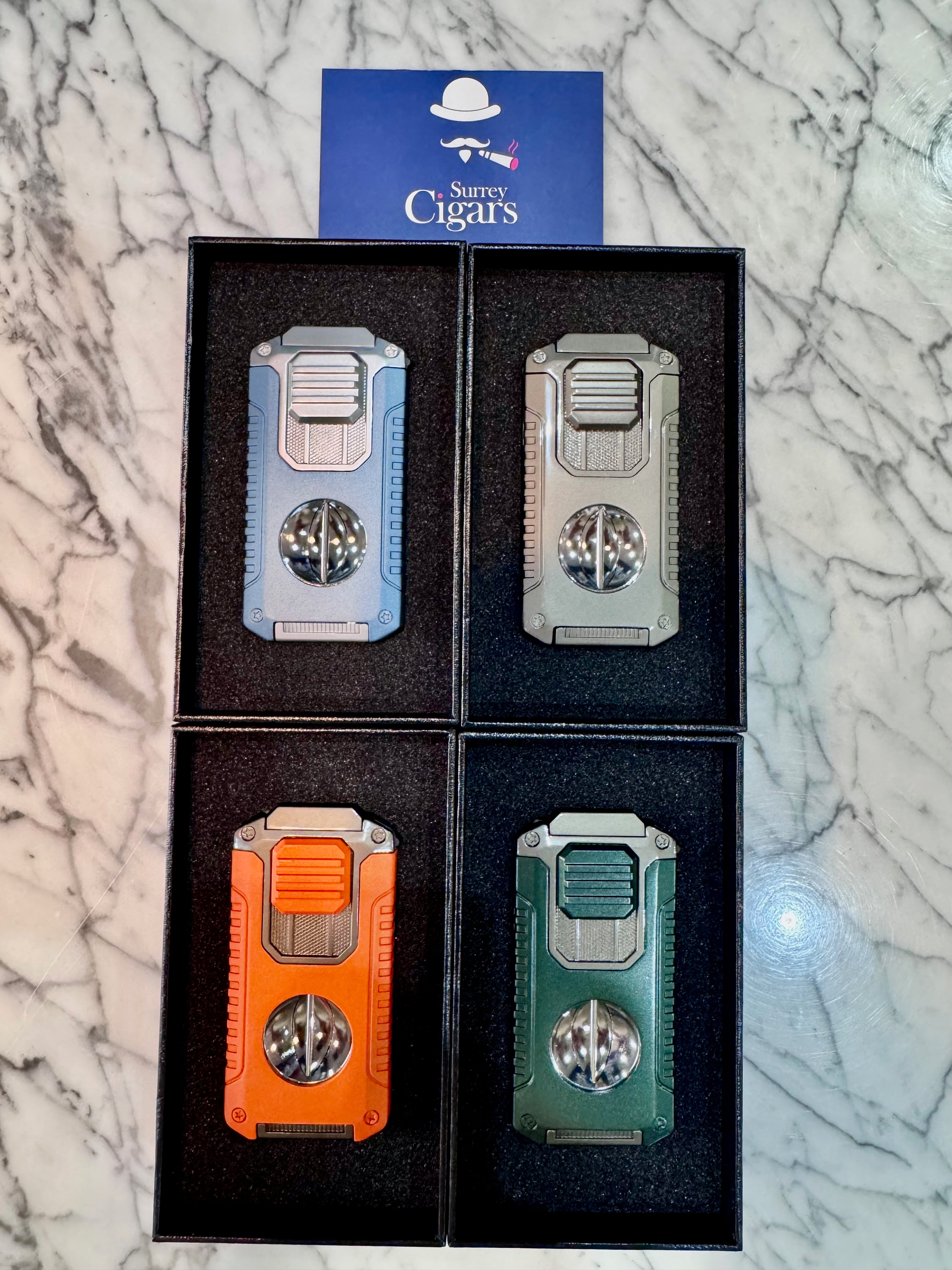 Mantis - Omni Multifunction Triple Jet Flame Lighter with V cutter, Cigar Punch Cutter, Draw enhancer and Cigar stand.  Blue
