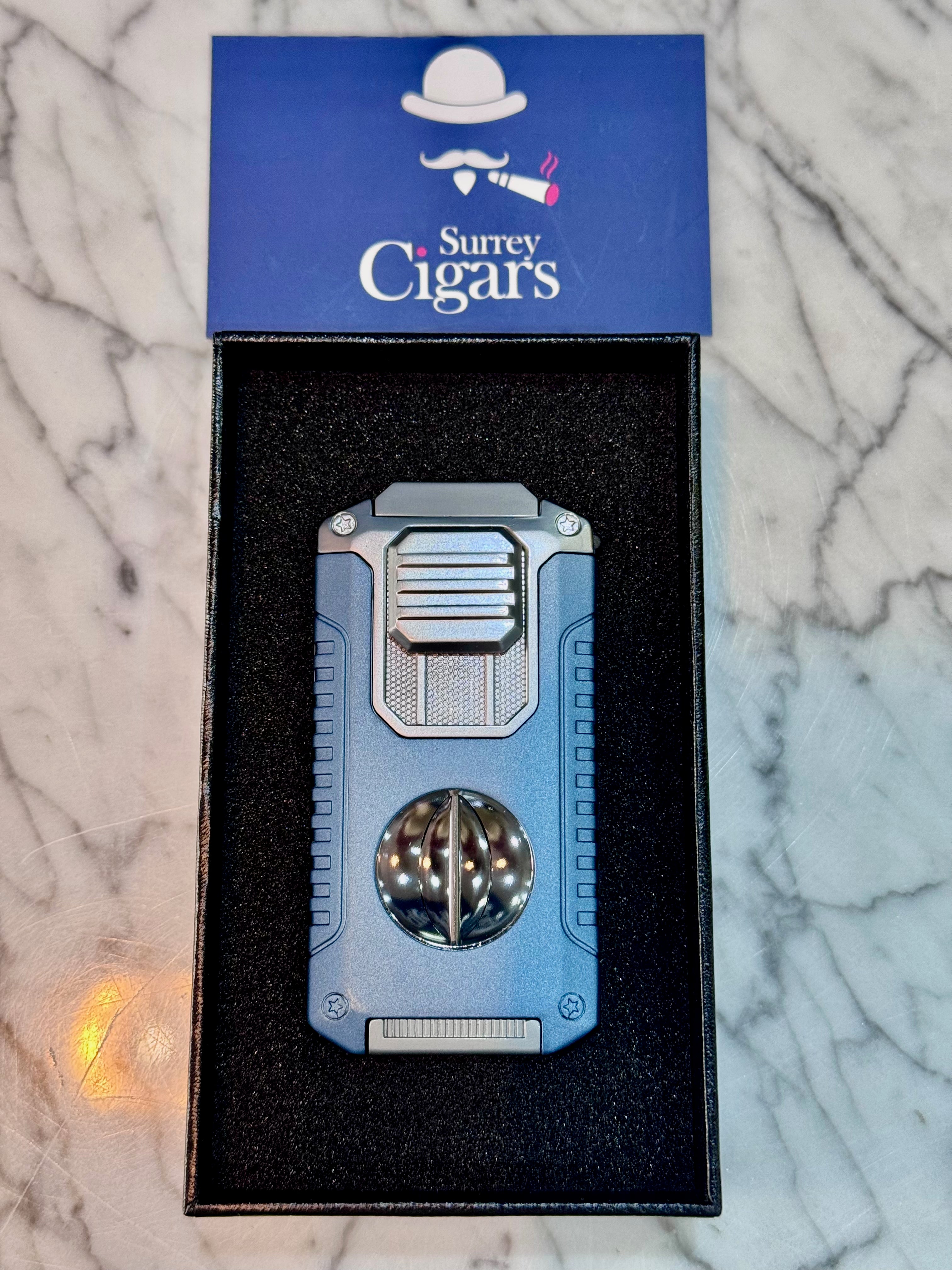 Mantis - Omni Multifunction Triple Jet Flame Lighter with V cutter, Cigar Punch Cutter, Draw enhancer and Cigar stand.  Blue