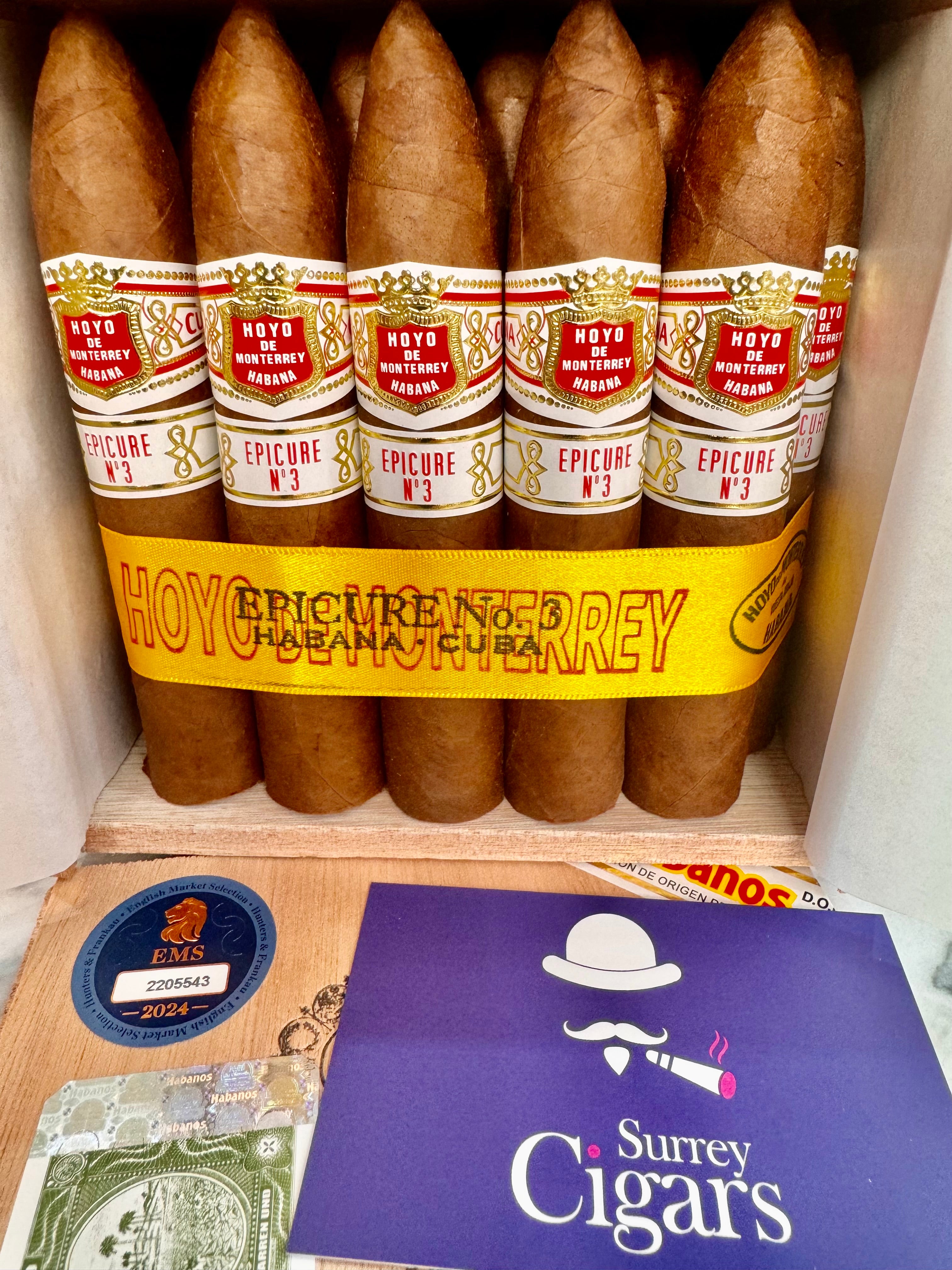 Close-up of Hoyo de Monterrey Epicure No.3 cigar with band and box of cigars