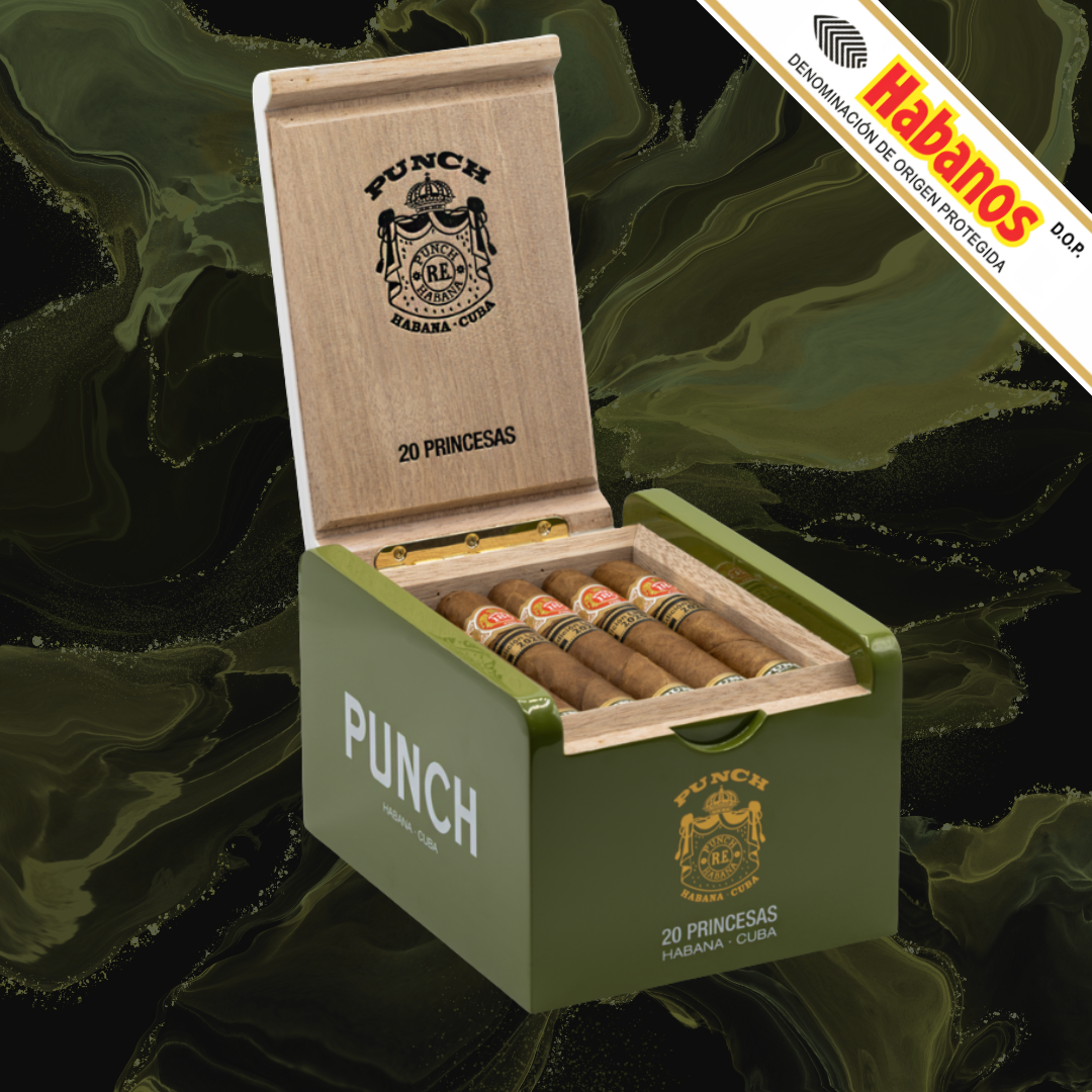 An open green Punch Princesas Limited Edition 2025 box labelled PUNCH 20 PRINCESAS, filled with cigars, set against a dark marbled background. A Habanos banner appears in the top right corner.