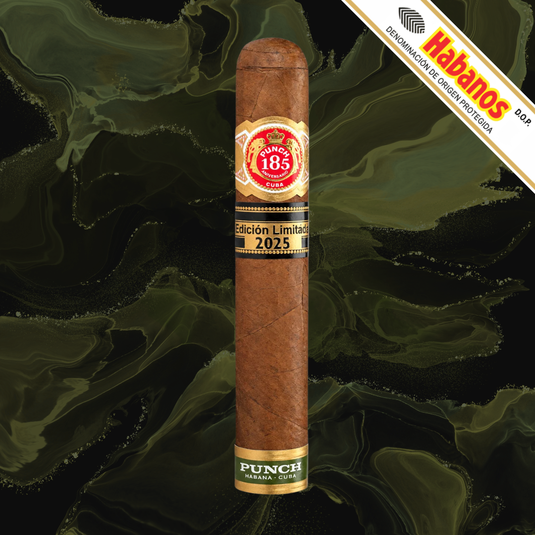 A single Punch Princesas Limited Edition 2025 cigar centred on a dark marbled background, with a visible band reading 'Punch 183' and 'Edición Limitada 2025.' A diagonal 'Habanos' banner appears in the top-right corner.