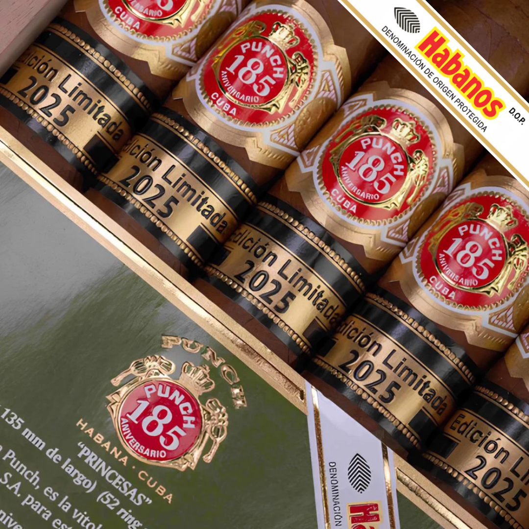 A close-up of a boxed set of Punch Princesas Limited Edition 2025 cigars, showing multiple black-and-gold cylindrical cigars with red and gold circular labels reading 'Punch 185' and 'Edición Limitada 2025.' A branded insert card and part of the wooden box are visible, with the Habanos logo also shown in the top-right corner.