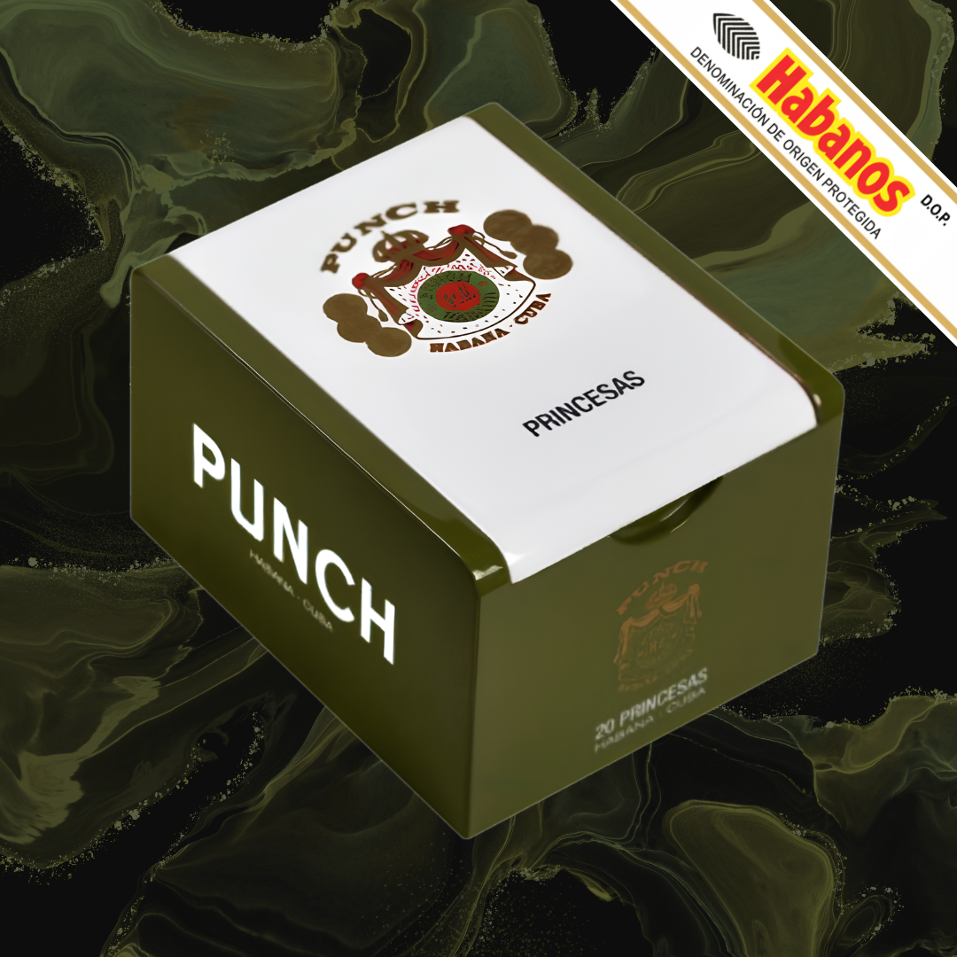 A box of Punch Princesas Limited Edition 2025 cigars, shown at an angle with its lid closed, revealing a white exterior. The box is olive green with white branding.