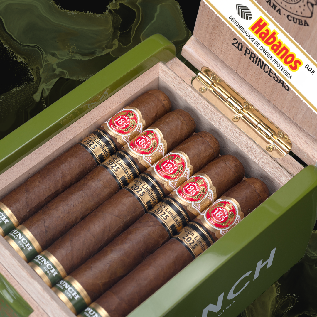 An open Punch Princesas Limited Edition 2025 box displaying multiple dark brown cigars with red and gold bands, including a prominent '20 Princesas' label on the lid.