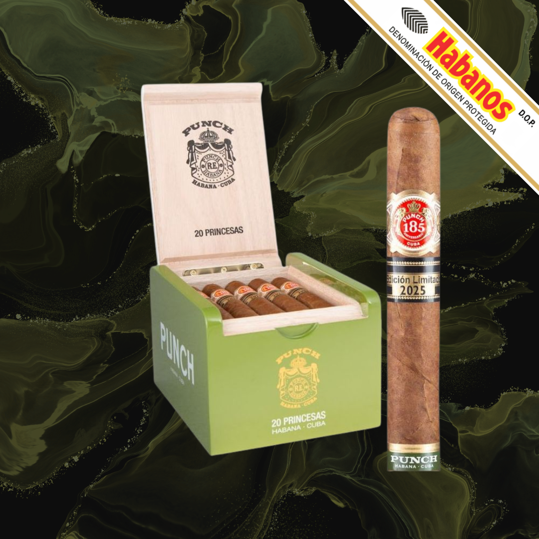 A box of Punch Princesas Limited Edition 2025 cigars is shown open, with several cigars inside and a single upright cigar with a red-and-gold label. The background is a dark green marbled pattern, and a diagonal banner in the top right reads 'Habanos'.